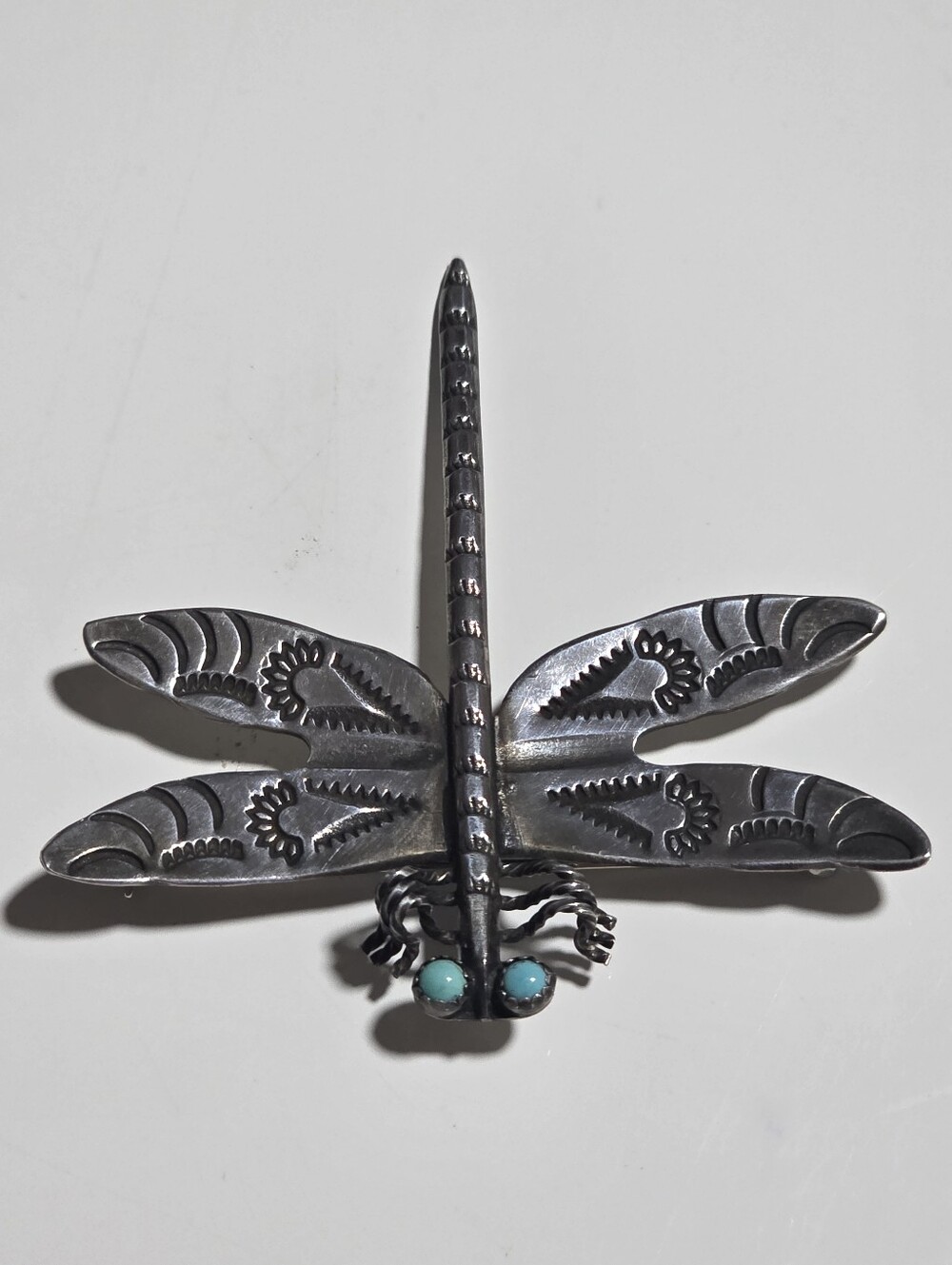 Vintage Navajo Sterling Silver Dragonfly Brooch with Turquoise Eyes